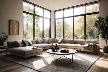 Fototapeta na wymiar Modern Living Room with Clean Lines, Neutral Tones, and Ample Natural Light Created with Generative AI