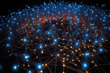 Obraz premium A dynamic, long - exposure shot taken with a wide - angle lens depicts a network of glowing, interconnected nodes suspended in mid - air. Generative AI