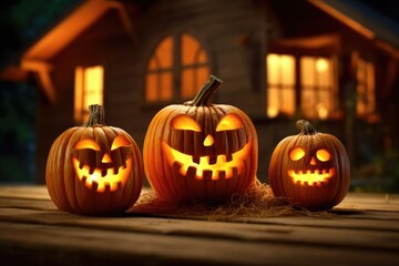 A whimsically staged photo of three carved pumpkins, each displaying a different exaggerated facial expression. Generative AI
