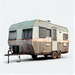 Detailed illustration of an old trailer mobile home isolated on a white background Ai generated image