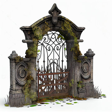 Detailed illustration of a worn, weathered gate entrance to a cemetery graveyard gate isolated on a white background Ai generated image