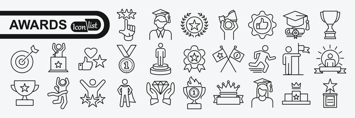 Award and winner linear signed icon collection. Signed thin line icons collection. Set of award and winner simple outline icons