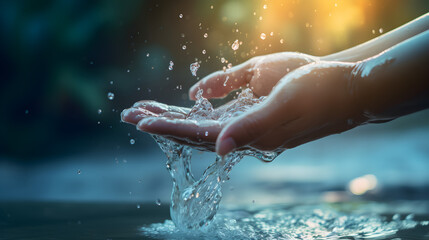 Water pouring on hand in morning ligth background, --aspect 16:9
