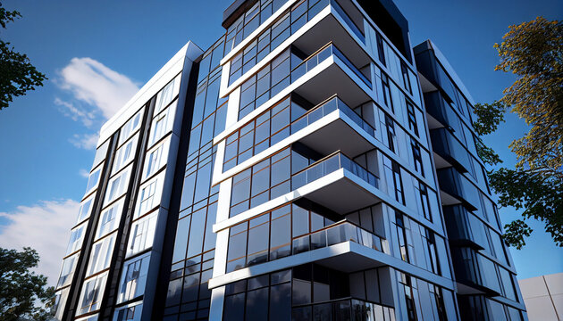 Exterior view of a modern apartment condominium building with white and glass, stucco and wood accents against a blue sky Ai generated image