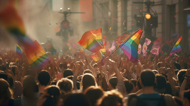 gay pride parade, gay pride, picture of a crowd, lgbt, lgbtqia+, rainbow flags, love, happyness, press photograph, gay and lesbian, trans, made with generative AI