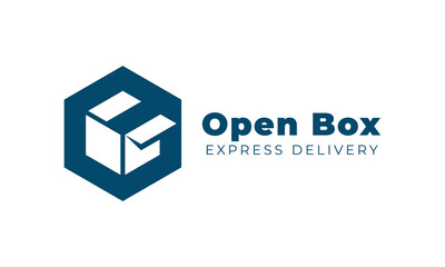 Open box express delivery logo design. Polygon shape with box open. Usable for delivery, logistic, shipping, and transport logo