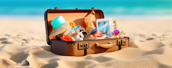 Fototapeta na wymiar Creative summer beach composition in suitcase on blue background. travel concept idea.