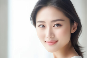 Fototapeta premium Beautiful Asian Woman, Close up on her face with Smooth skin look at the camera on a White background in Studio light. generative AI
