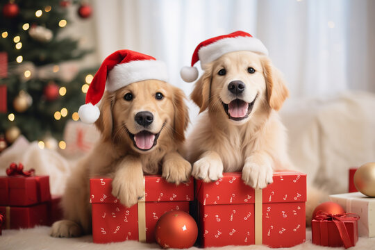 cute dogs in a new year setting. concept of celebrating christmas or new year. ai generative