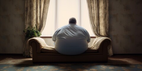 Rear view of obese man sits on couch, concept of Obesity, created with Generative AI technology
