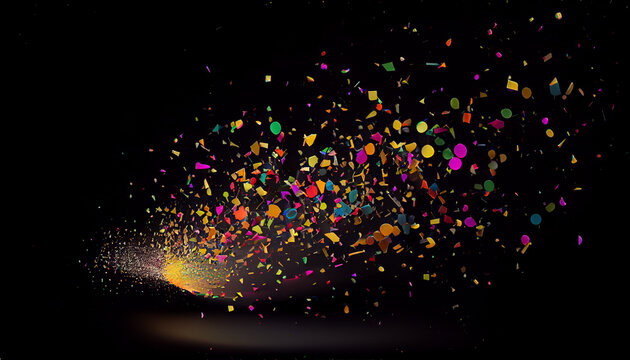 Vibrant explosion of colorful confetti against a contrasting black background Ai generated image