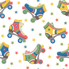 Seamless pattern with colorful retro roller skates. Vector illustration.