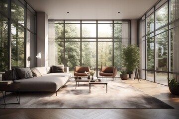 Fototapeta na wymiar Modern Living Room with Clean Lines, Neutral Tones, and Ample Natural Light Created with Generative AI