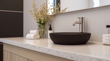 Obraz na płótnie Canvas Close-up view of a modern bathroom vanity top with decor and a ceramic sink