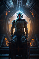 Fototapeta na wymiar Future warrior wearing armor in the spaceship cabin