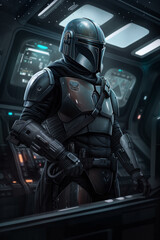 Future warrior wearing armor in the spaceship cabin