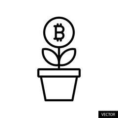 Bitcoin cryptocurrency plant, return on crypto investment, growth, money tree icon in line style design for website, app, UI, isolated on white background. Editable stroke. Vector illustration.