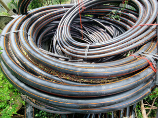 HDPE pipes stock at the storage of the site area for electrical substation construction