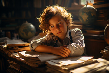 schoolboy sitting at the desk in school - obrazy, fototapety, plakaty