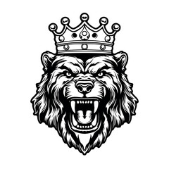 Vector illustration, head of a ferocious grizzly bear with a crown, isolated on a white background