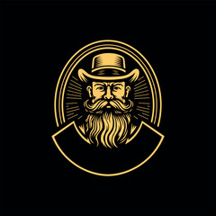 Bearded old man in a hat with a beard, logo template. Hand drawn emblem on a black background. Vector illustration