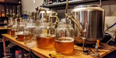 A glass carboy full of fermenting beer, surrounded by brewing equipment , concept of Brewing process, created with Generative AI technology