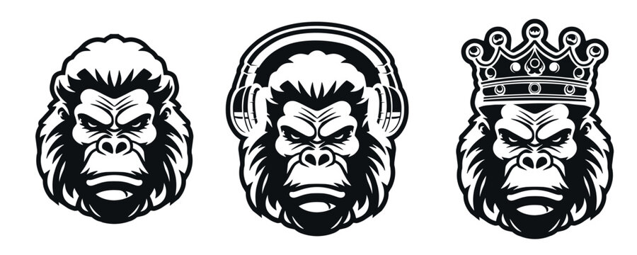 Vector set illustration of a gorilla head, isolated image, on a white background
