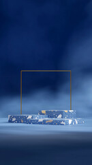 in portrait gold rectangle backdrop, 3d rendering scene mockup blue terrazzo stack podium