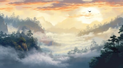 Fototapeta na wymiar Embrace ethereal Smoky Mountain horizons with misty atmosphere. (Illustration, Generative AI)