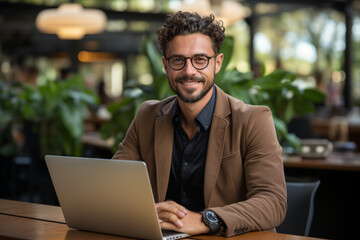 Confident young ethnic entrepreneur working in a modern office space, ethnic man working, business Generative AI