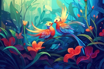 A lush plant held two vibrant perched birds. (Illustration, Generative AI)