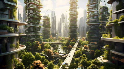 Futuristic city with allot of nature, green city, healthy future city. Generativ AI.