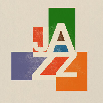 Swiss-Inspired Vintage Jazz: 50s Typography Playful Design, Mid-century modern, retro, Graphic Design with colorful squares