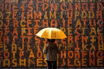 A child holding an umbrella under a rain of alphabets, symbolizing the shower of knowledge. Generative AI