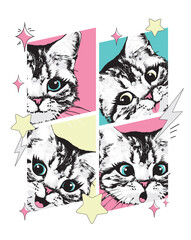Cute and happy kitten faces print t shirt. Vector illustration.