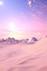 A surreal landscape with a pink sky and fluffy clouds creating a dreamlike atmosphere alien-like balloons float on the pastel horizon in the open outdoor desert