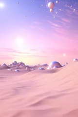 Fotobehang A surreal landscape with a pink sky and fluffy clouds creating a dreamlike atmosphere alien-like balloons float on the pastel horizon in the open outdoor desert © Glittering Humanity