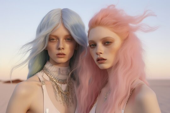 Two women with long hair and pink hair stand in a desert landscape they wear pastel clothing and glitter lipstick the alien sky adds to the surreal fashion shoot