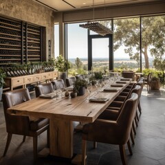 Fototapeta premium The main dining area of this remarkable vineyard, where modernity meets masculinity, creating a truly elegant ambiance. Generative AI