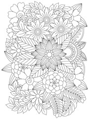  Flowers in black and white for coloring book. Doodle beautiful flowers art for adult coloring book.