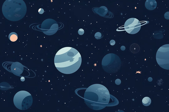 simple seamless Beautiful and eye catchy colour planets and stars, simple field background, isometric, bright vector, Dark blue background, themed pattern