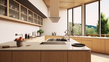 Fototapeta na wymiar Stylish kitchen interior with kitchenware, bar countertop and panoramic window