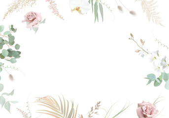 Silver sage green and blush pink flowers vector design frame. Dusty rose, white orchid, pampas grass, eucalyptus