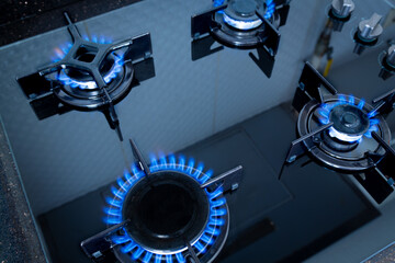 Gas cooker with burning flames of natural gas. Close up top view blue fire from domestic kitchen...