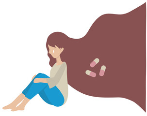 Medicine help sad lonely woman to get rid of depression. A young unhappy girl sits and hugs her knees. The concept of support and care for people under stress. Vector illustration in flat style
