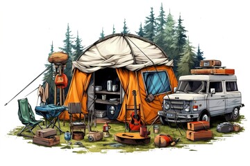 camping isolated on white background. Generated by AI.
