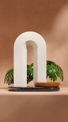 monstera leaf and ceramic arch, 3d render image empty scene wood and marble podium in portrait