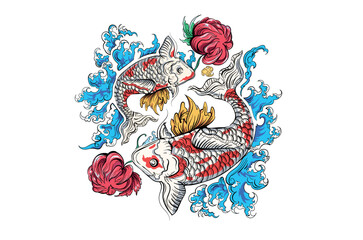 Vector twin Koi fish hand draw Tattoo style Japan with Water wave japan and flora 