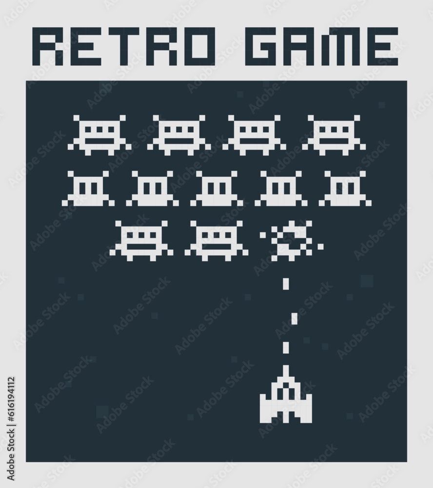 Poster Geek Poster Space Arcade in 8-bit retro video game style.  Simple 8 bit game with flat pixel graphics of spaceship shoots at the monsters.  Vector illustration
