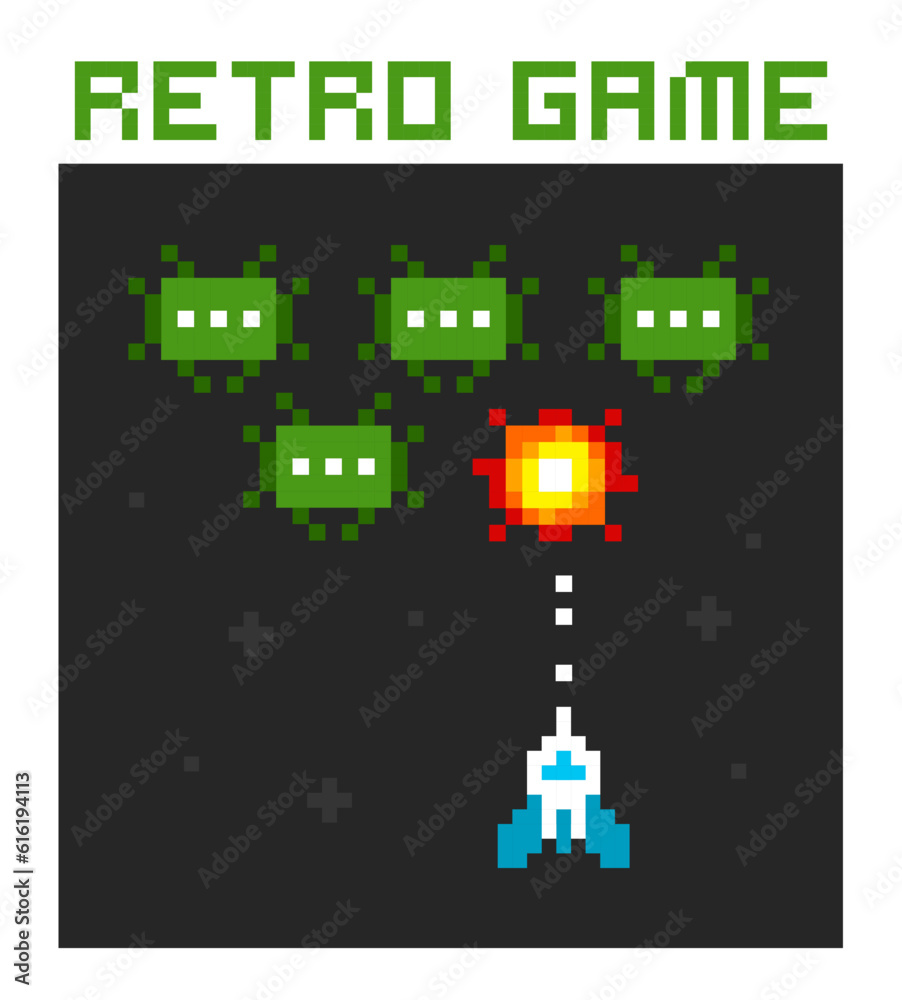 Poster Geek Poster Space Arcade in 8-bit retro video game style. Simple 8-bit pixel graphics scene of spaceship shoots at the green aliens. Vector illustration
